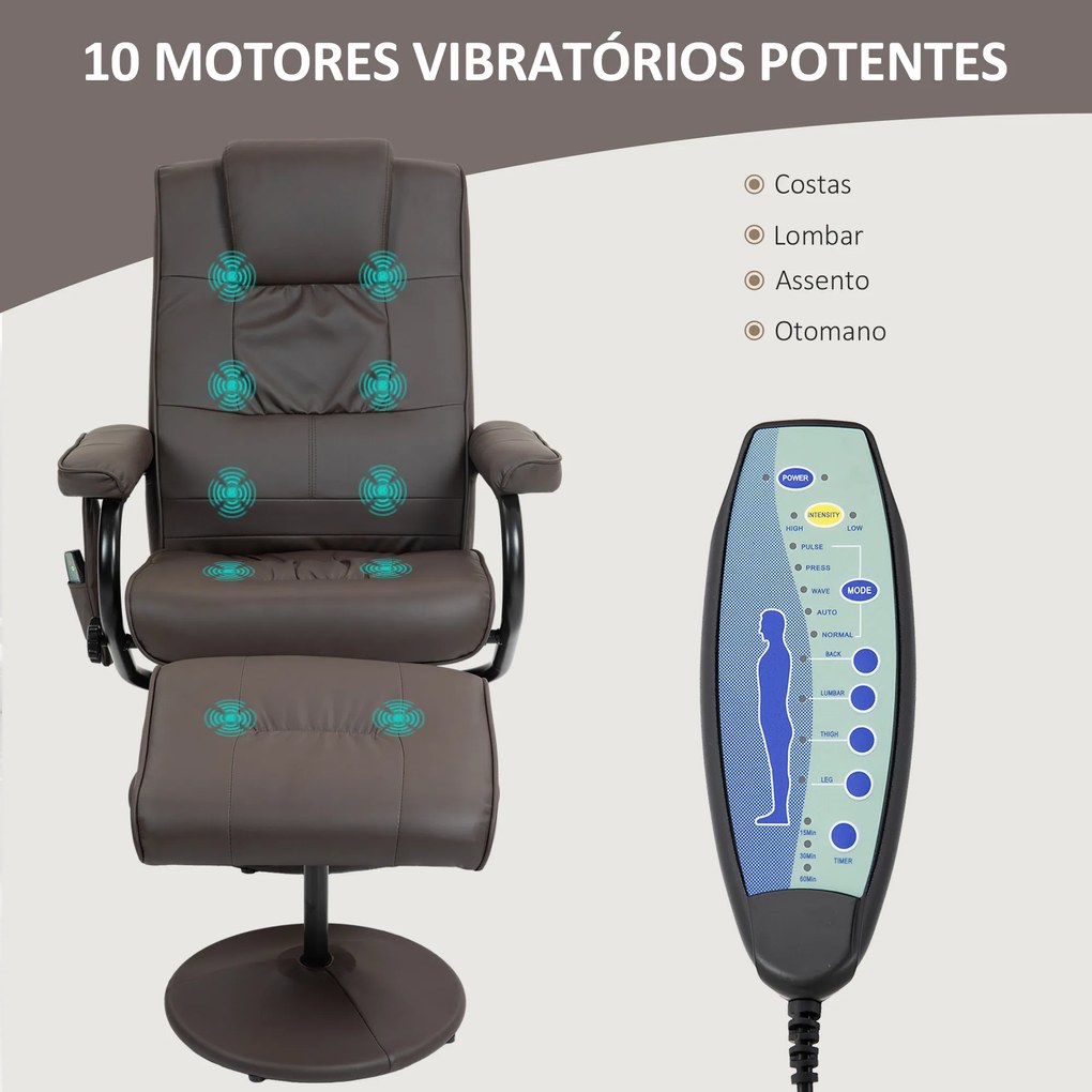 Poltrona de Massagem Elétrica com Banco para Apoiar os Pés Poltrona Relax Giratório Reclinável em até 145° com Controle Remoto e 10 Zonas de Massagem