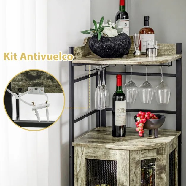 Garrafeira de canto com suporte para copos de vidro Portas em rede metálica Estante ajustável Armário para vinhos ajustável para cozinha Sala de janta