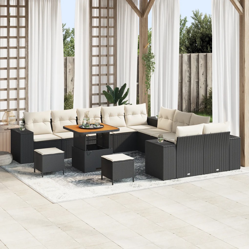 Conjunto de Sofá de Jardim vidaXL 13 Peças com Almofadas Preto Rattan Poliéster Acácia