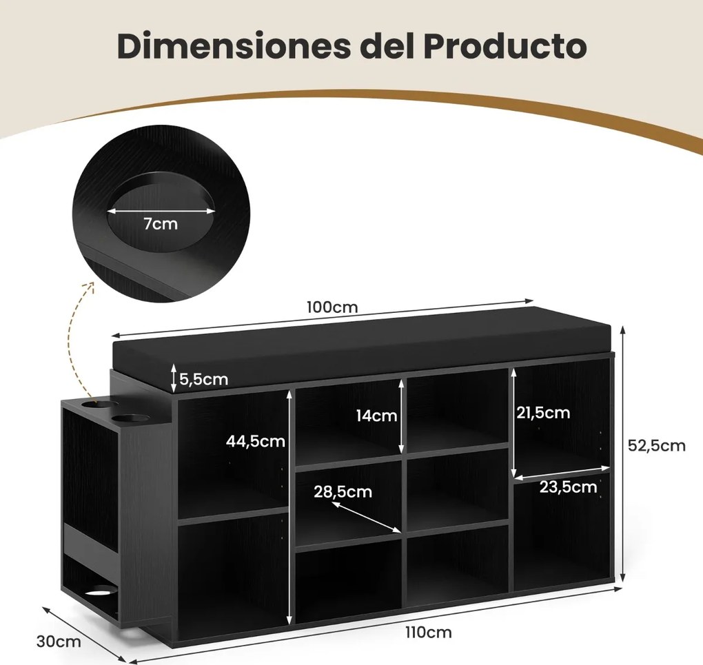 Banco sapateira 30 x 110 x 52,5 cm com suporte para guarda-chuvas, 10 compartimentos, assento acolchoado e prateleiras ajustáveis, preto