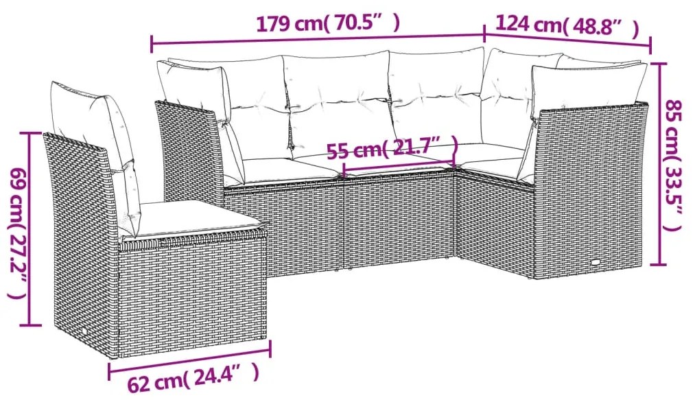 5 pcs conjunto sofás de jardim c/ almofadões vime PE cinzento