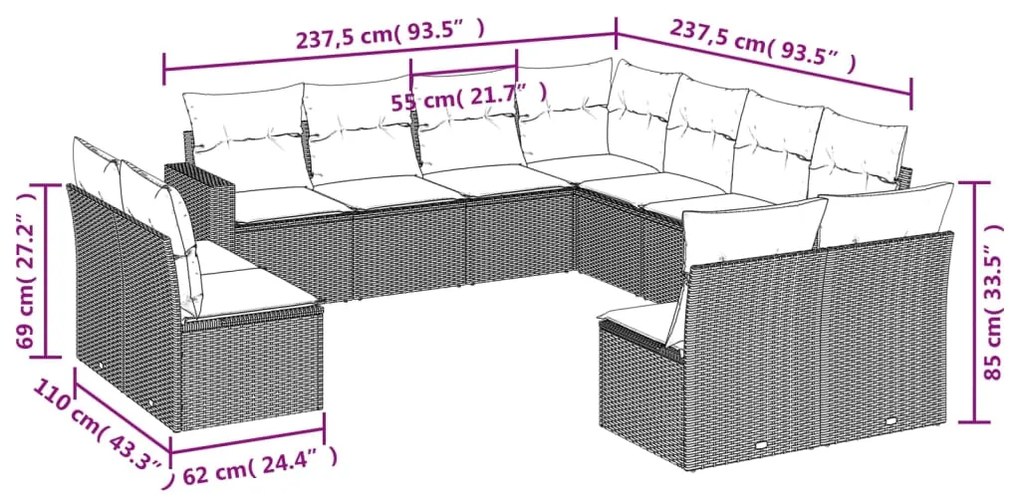 11 pcs conjunto sofás de jardim c/ almofadões vime PE cinzento