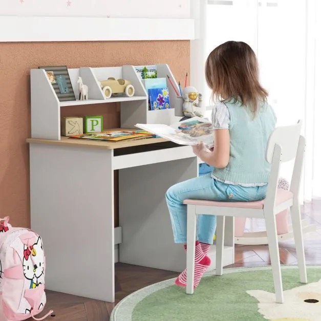 Secretária para crianças em madeira Estação de trabalho para computador com tabuleiro para teclado Estantes com gavetas 90 x 45 x 90 cm Natural e Bran