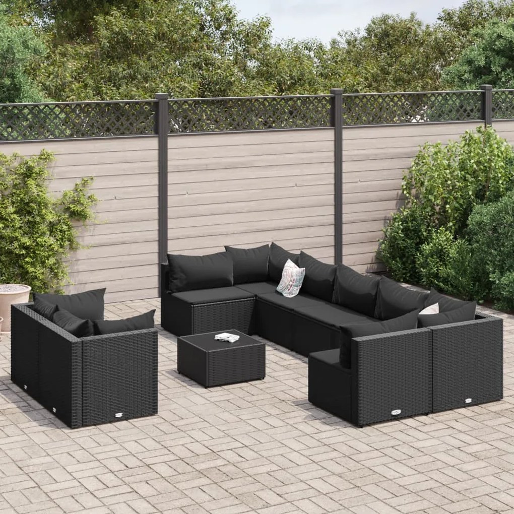 10 pcs conjunto sofás de jardim c/ almofadões vime PE preto