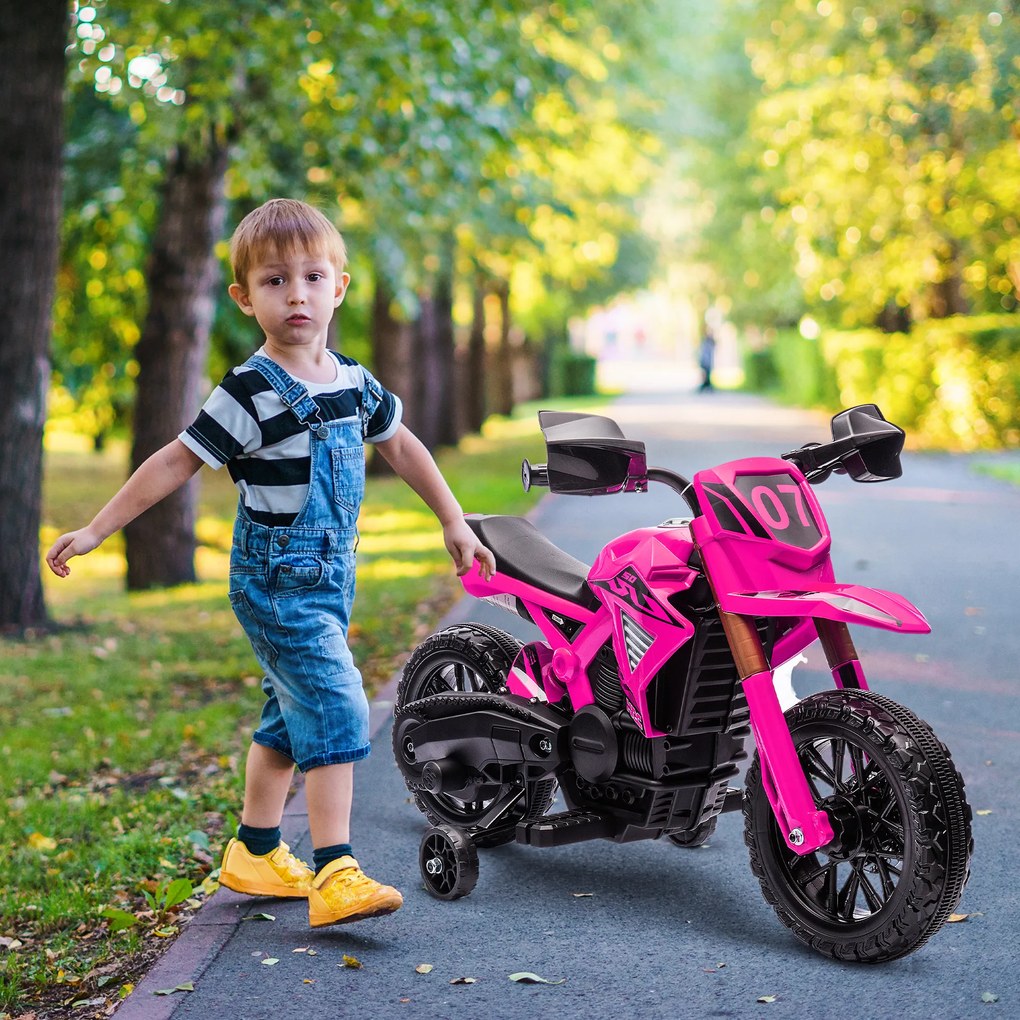 Motocross elétrico para crianças dos 3 aos 8 anos, bateria de 6 V, 2 motores, buzina e rodas de treino, capacidade de carga de 30 kg, cor-de-rosa
