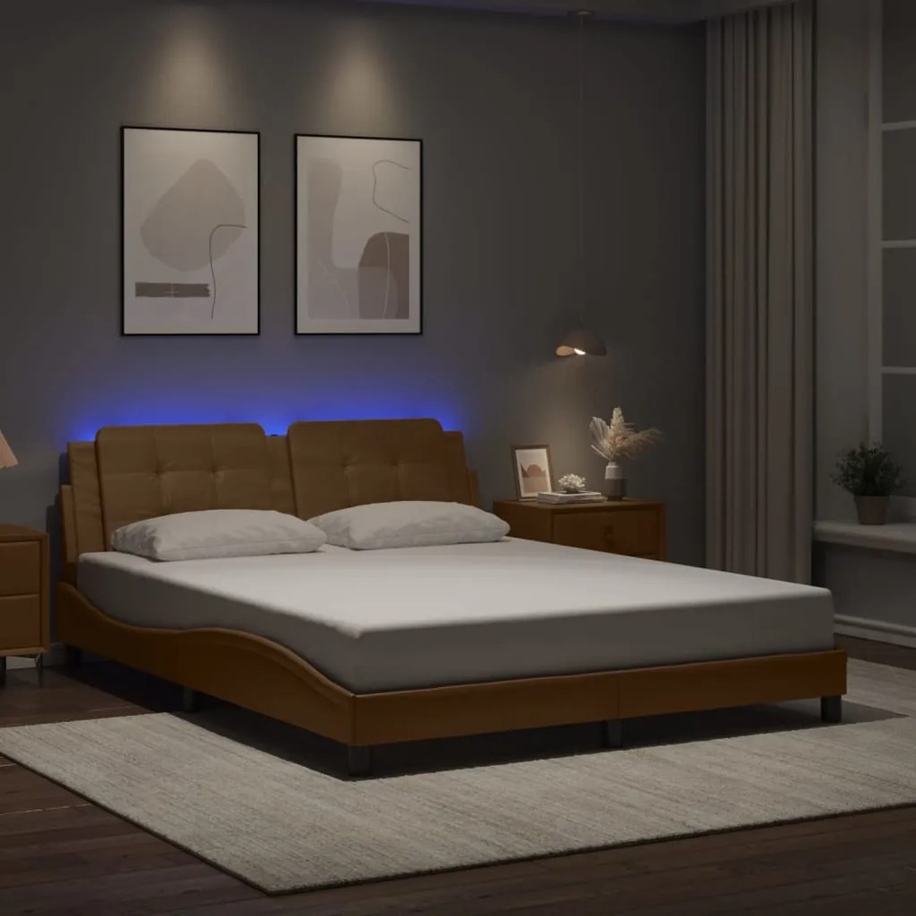Estrutura cama c/ luzes LED 160x200 couro artificial cappuccino