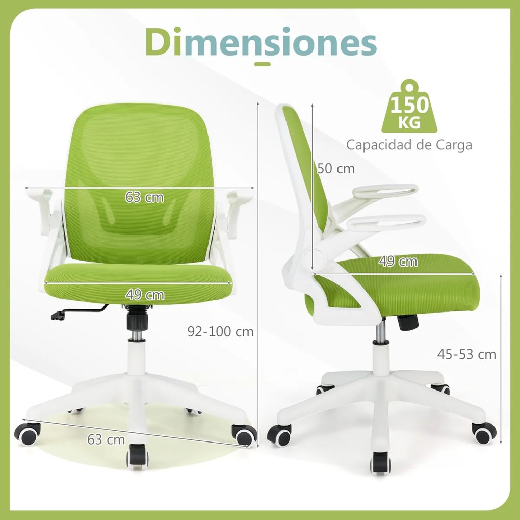 Cadeira de escritório ergonómica com apoio lombar integrado, apoios de braços rebatíveis, rodas universais, altura ajustável, Verde