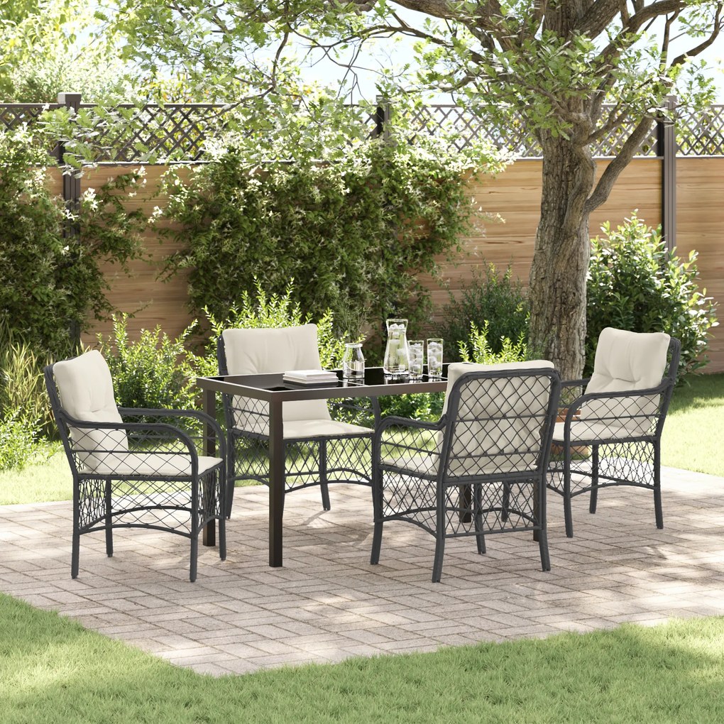 vidaXL Conjunto de Jantar de Jardim de 5 peças com Almofadas Preto Rattan Poliéster