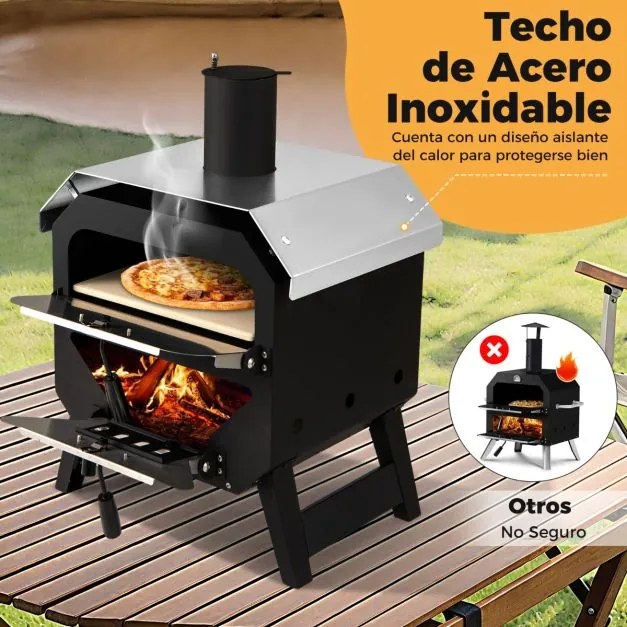 Forno para pizza ao ar livre com pedra para pizza, tabuleiro e tampa em aço inoxidável para campismo 45 x 43 x 61 cm Preto