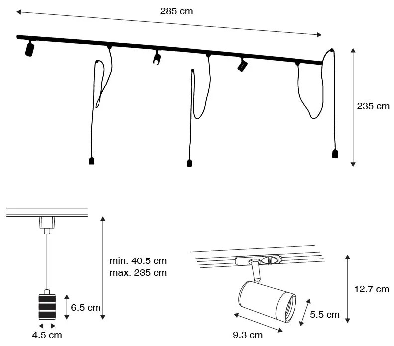 LED Sistema de iluminação de trilho inteligente preto com 3 focos e candeeiro pendente monofásico - Iconic Cavalux Jeana Moderno