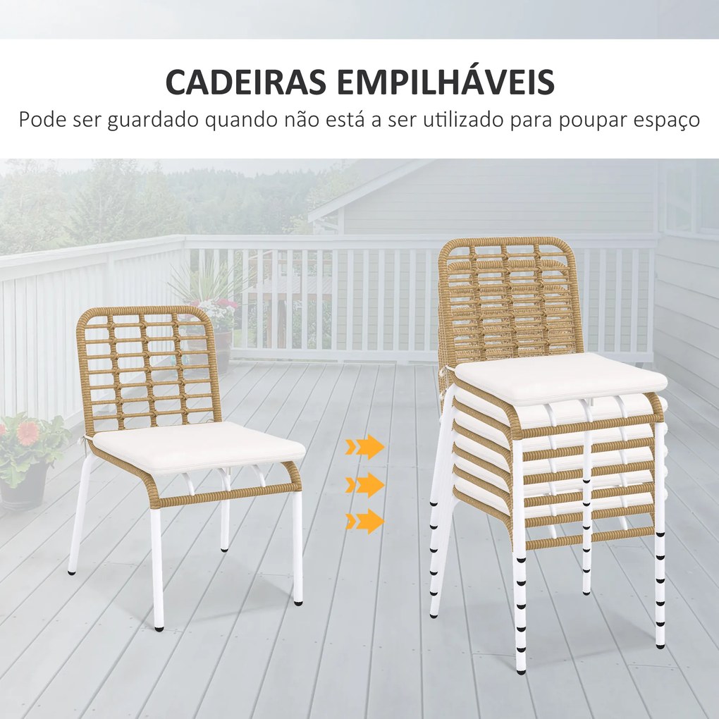 Conjunto de Jardim de Vime Sintético Jogo de 7 Peças Inclui 6 Cadeiras Empilháveis com Almofadas e Mesa de Vidro Natural
