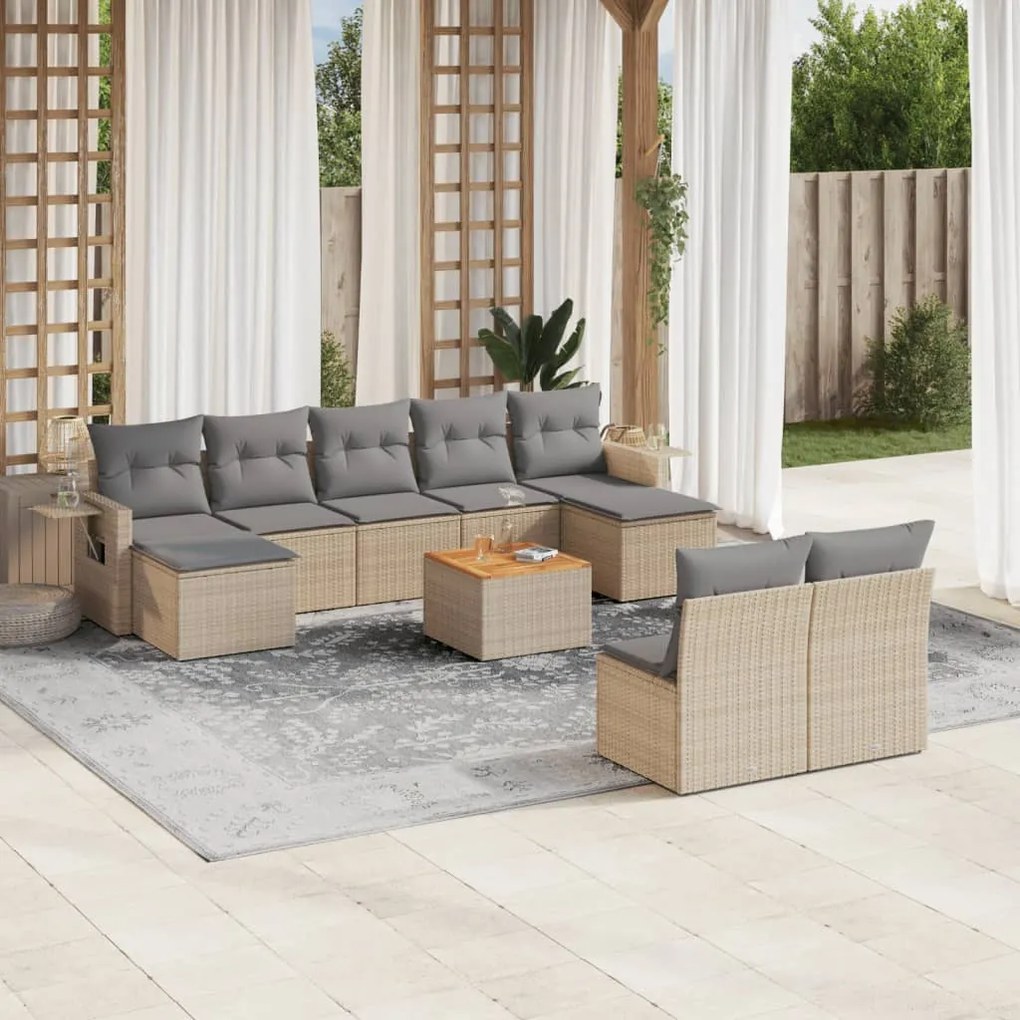 10 pcs conjunto de sofás p/ jardim com almofadões vime PE bege