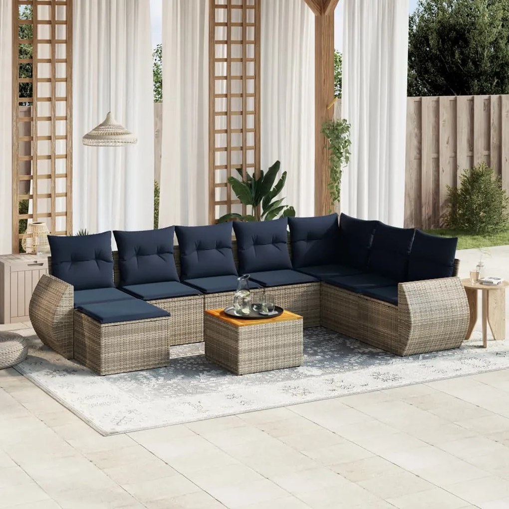 vidaXL 9 pcs conjunto sofás p/ jardim c/ almofadões vime PE cinzento