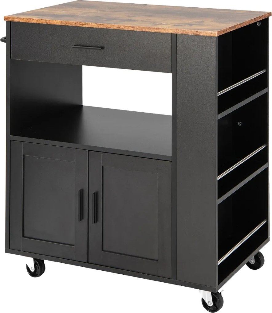 Carrinho de cozinha com rodas com 3 prateleiras abertas para especiarias, gaveta grande com 2 portas e toalheiro 75 x 50 x 92 cm Preto