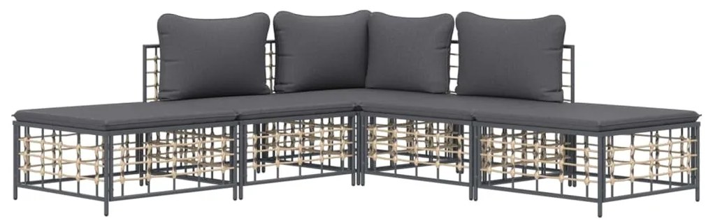 5 pcs conjunto lounge de jardim c/ almofadões vime PE antracite