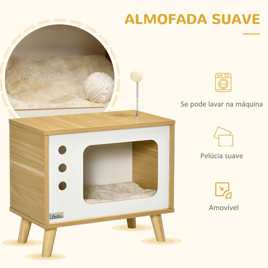 PawHut Mesa Auxiliar Cama Caverna para Gatos com Estilo Televisor Casa para Gatos com Almofada Suave Lavável Bola e Pés Elevados 50x28x43cm Carvalho