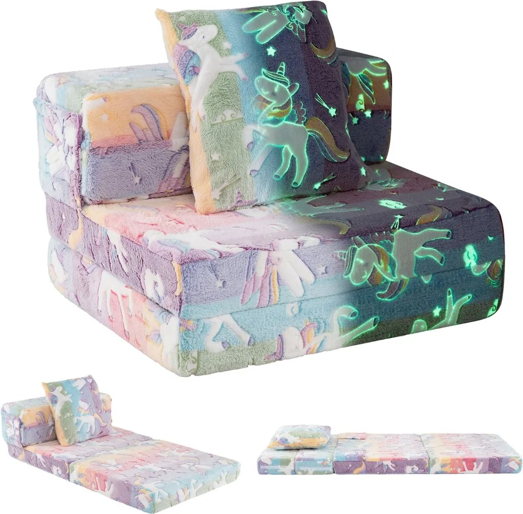 Sofá-cama para crianças dobrável 3 em 1 com capas laváveis com fecho e almofada adicional Bonitos desenhos de unicórnios multicoloridos