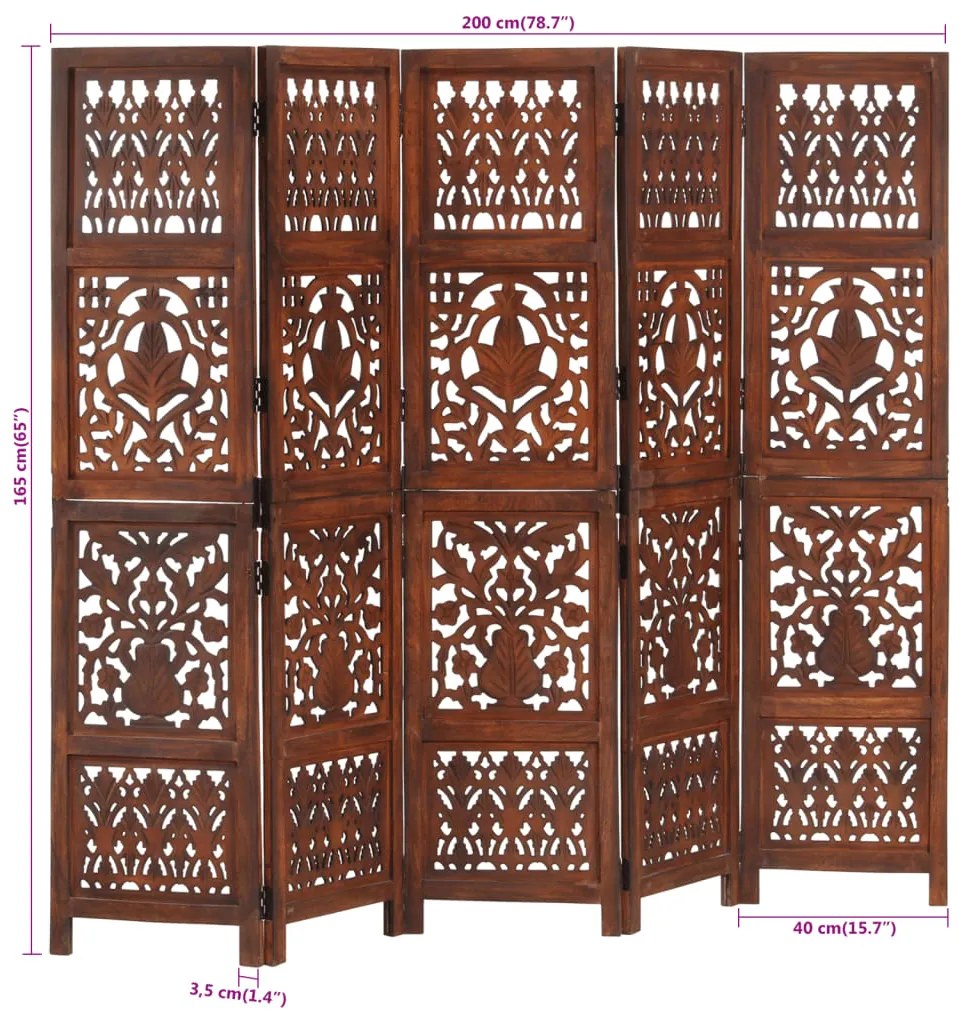 Biombo esculp. mão 5 painéis 200x165cm mangueira maciça castanho