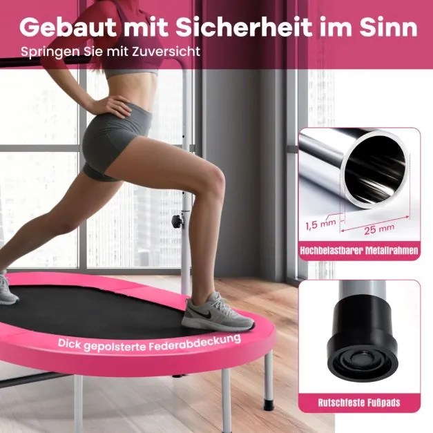 Trampolim para 2 pessoas com alça ajustável em altura Mini trampolim 154 x 90 x 92 -132 cm Rosa