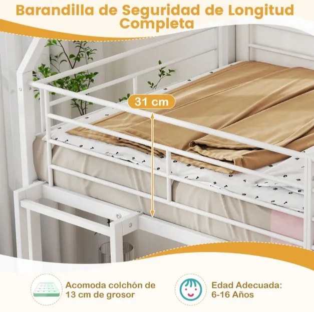 Cama Beliche Crianças 204 x 195 x 181,5 cm em forma de casa com escorrega (COLCHÃO E ACESSÓRIOS IMAGEM NÃO INCLUIDOS) com grade de segurança e escada
