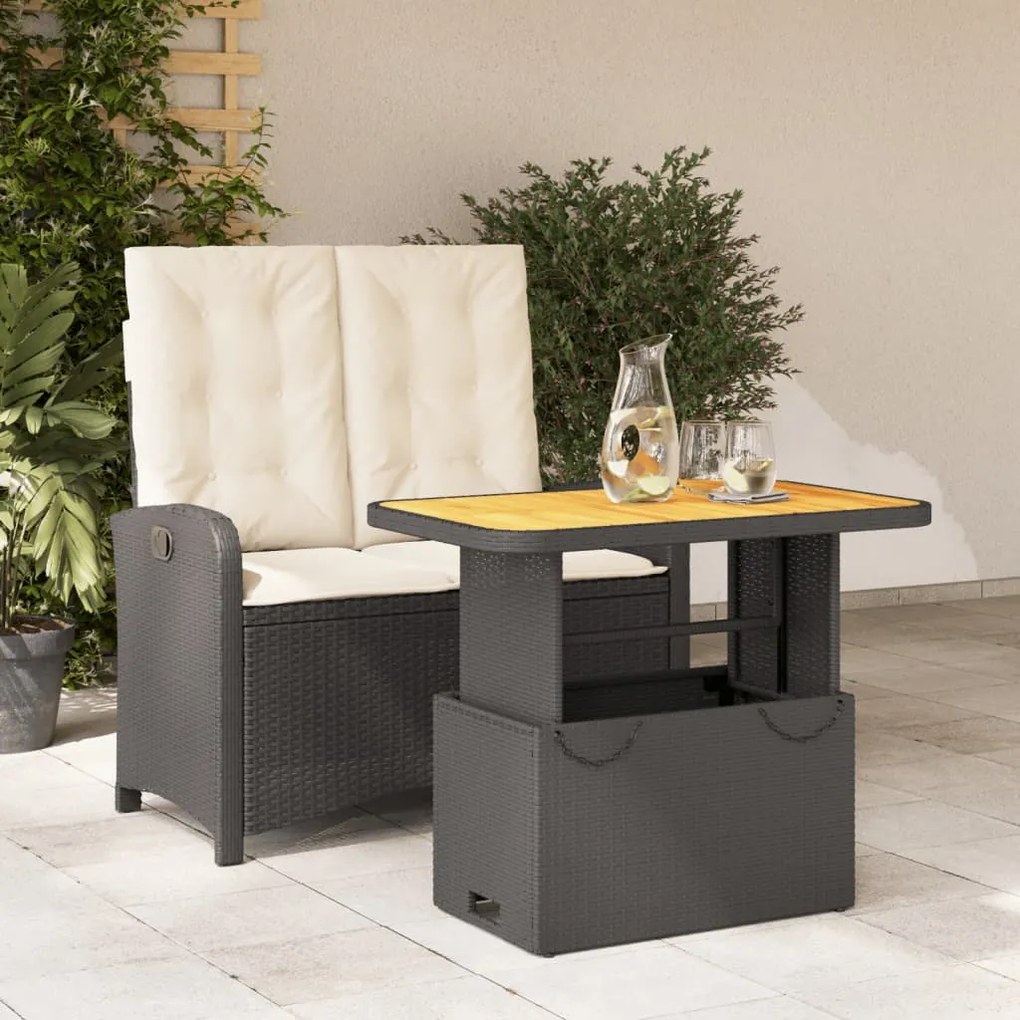 2 pcs conjunto de jantar p/ jardim c/ almofadões vime PE preto