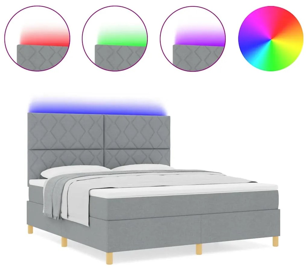 Cama Box Spring com Colchão e LED Cinza Claro 180x200 cm Tecido