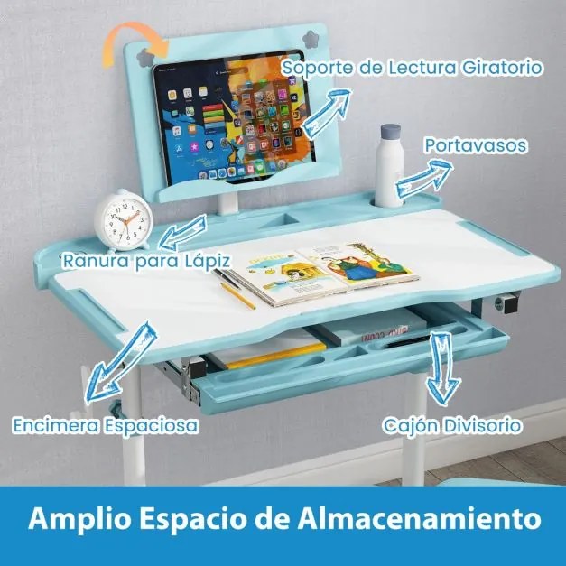 Conjunto de secretária e cadeira para crianças com altura ajustável, tampo inclinável, porta-copos, gaveta e cadeira ergonómica Azul