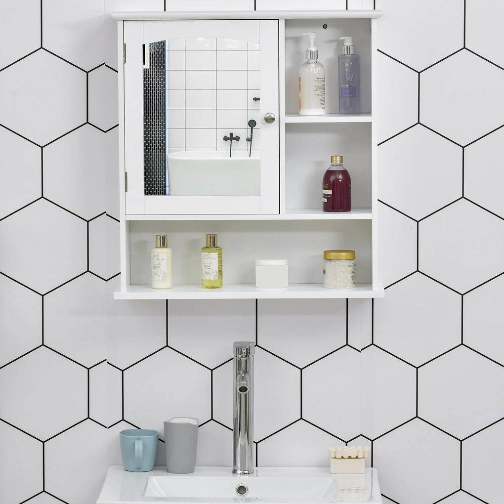 kleankin Gabinete de banheiro com grande espelho de armazenamento com prateleira ajustável interna e prateleiras abertas 60x18x63 cm Branco
