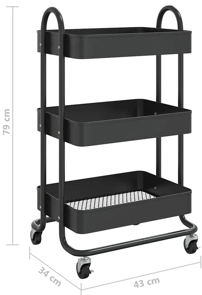 Carrinho com 3 prateleiras 46x34x79 cm aço preto