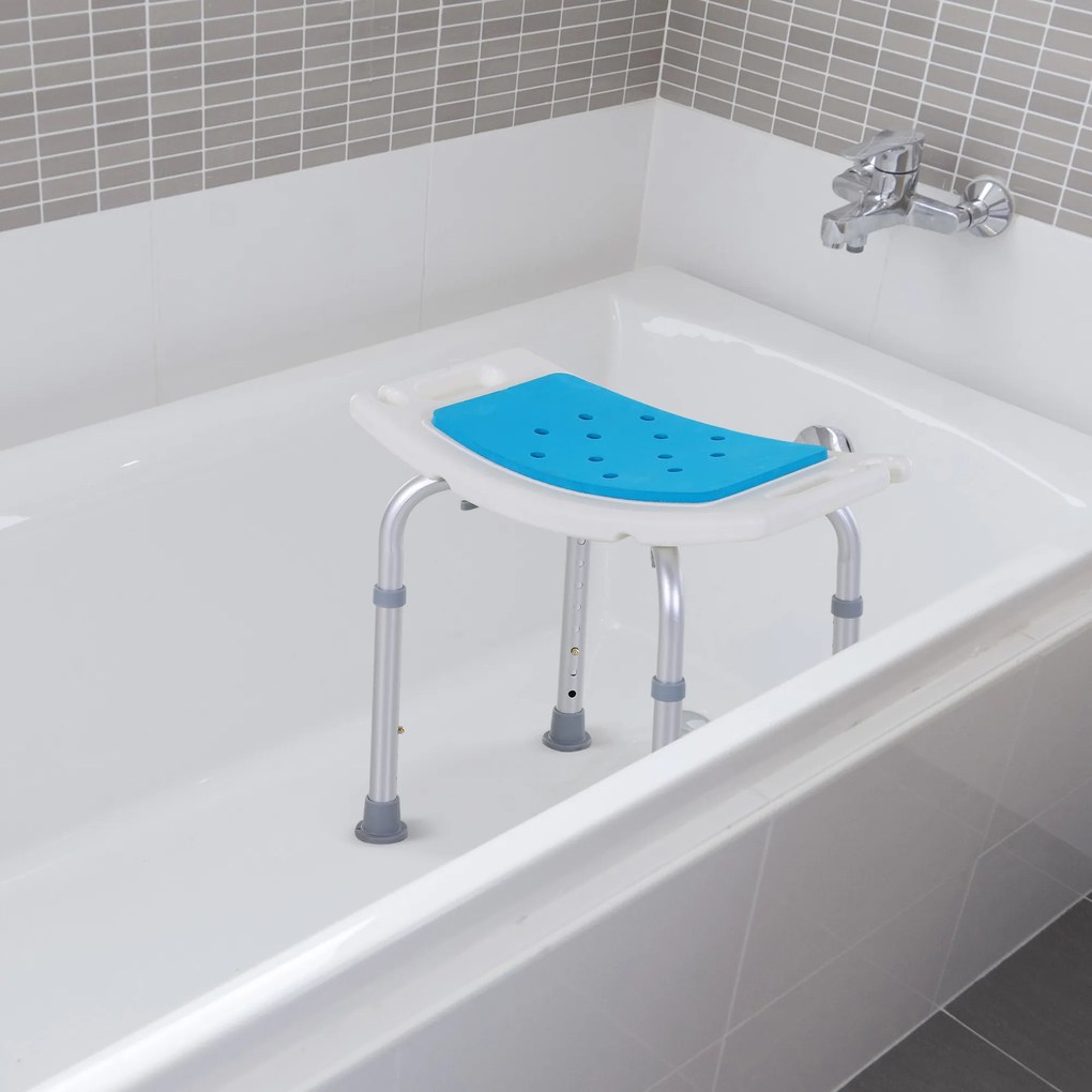 Assento de duche regulável em altura; banco de duche ergonómico; pés antiderrapantes; carga máxima de 135 kg; alumínio e HDPE; branco e azulFR