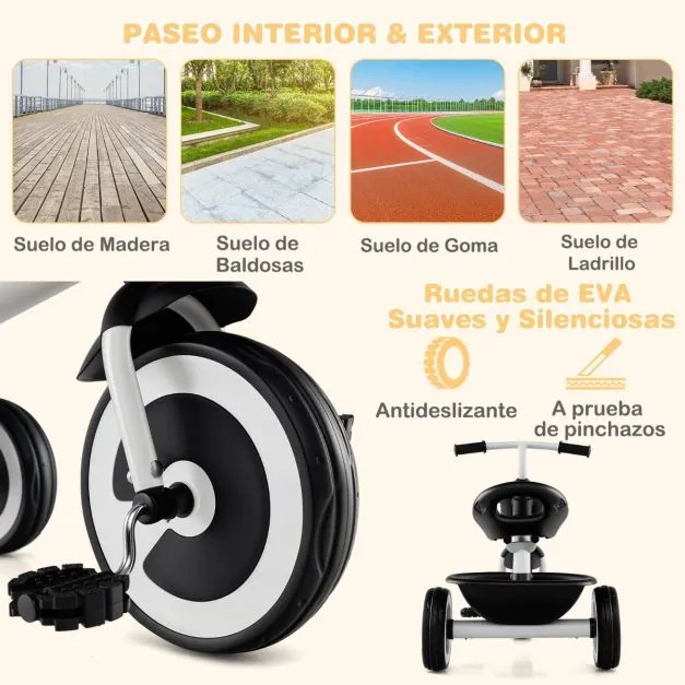 Triciclo infantil de 3 rodas com assento ajustável, cestos dianteiro e traseiro, estrutura em ferro, para 1,5 a 5 anos Branco
