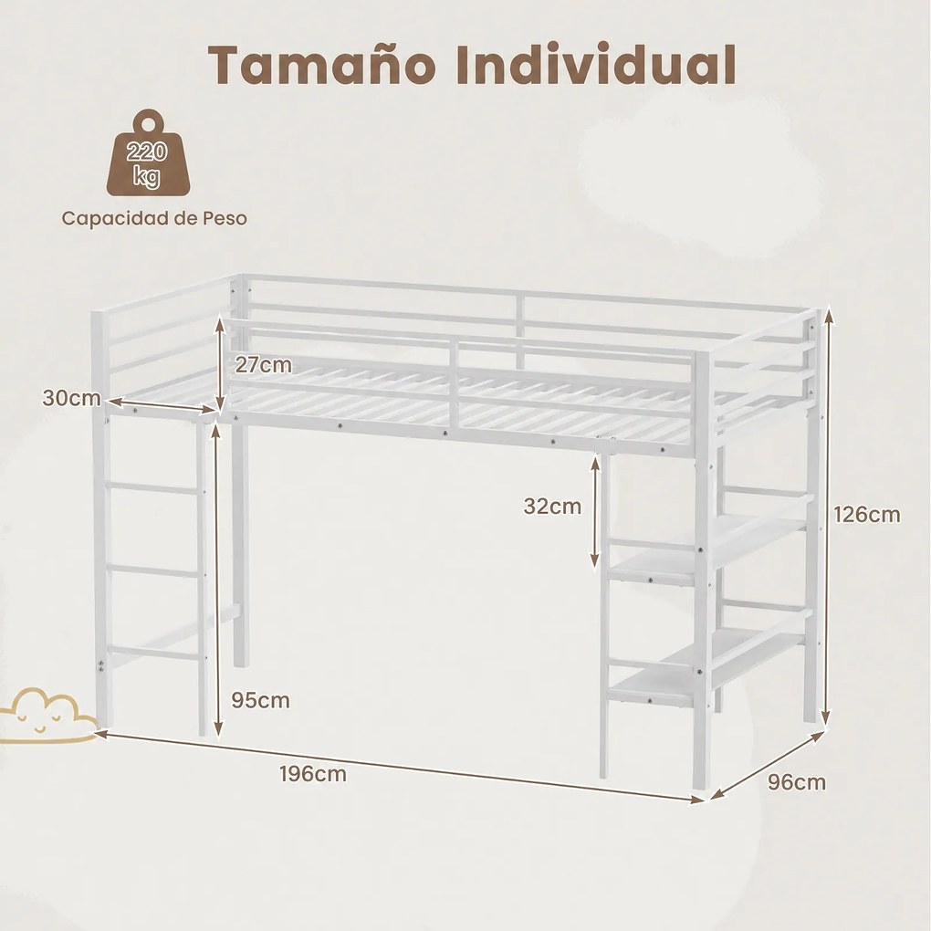 Cama Alta Infantil com Estantes para Arrumação, 196 x 96 x 126 cm (COLCHÃO NÃO INCLUIDO), Estrutura Metálica Reforçada, Branco
