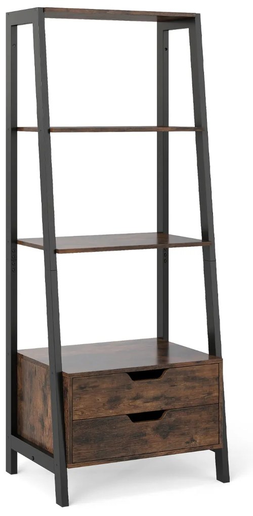 Estante em forma escada 52 x 39,5 x 134 cm com 4 prateleiras abertas e 2 gavetas Castanho Rústico + Preto