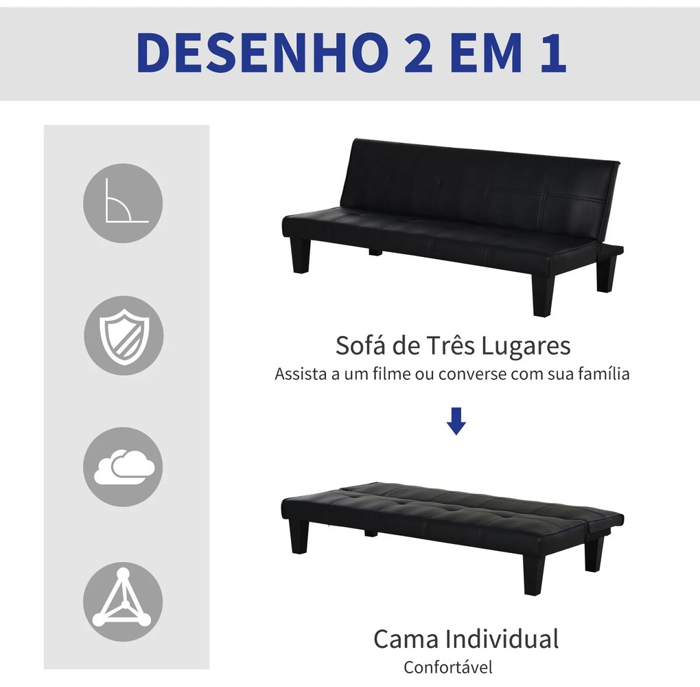 HOMCOM Sofá Cama de 3 Lugares Sofa 2 em 1 Dobrável sem Apoio para os Braços com Estrutura Resistente Pés Elevados Assento Acolchoado Carga 300kg 165x75,5x70cm Preto