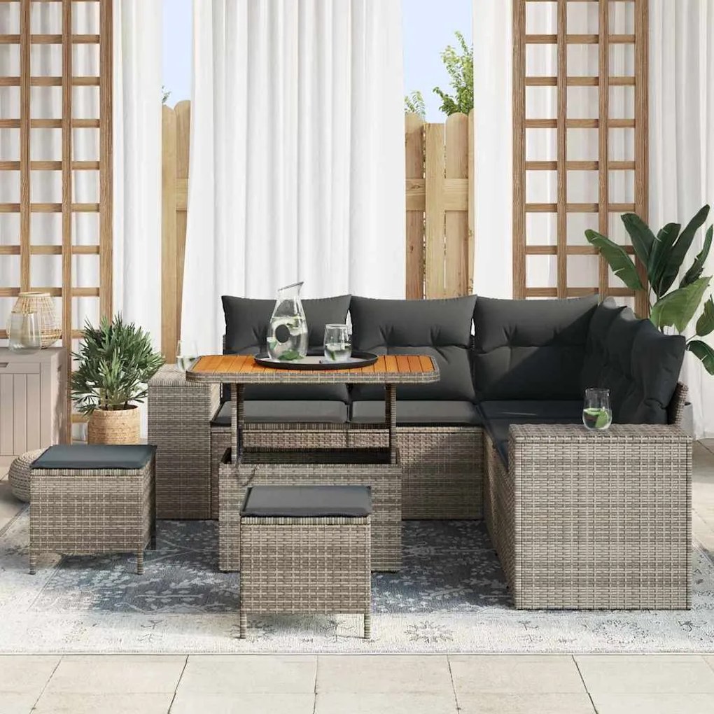 Conjunto de Sofá de Jardim vidaXL 8 Peças com Almofadas Cinza Rattan P