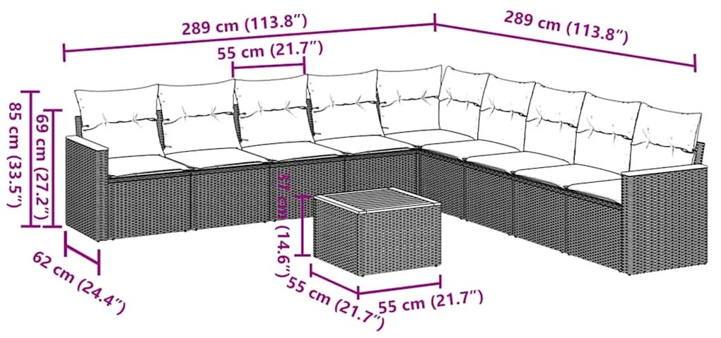 10 pcs conjunto sofás de jardim c/ almofadões vime PE preto