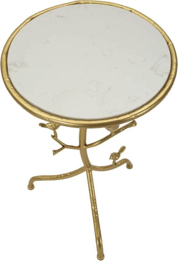MESA DE APOIO COM PÁSSAROS, EM MÁRMORE Ø 38X60 CM DOURADO E BRANCO