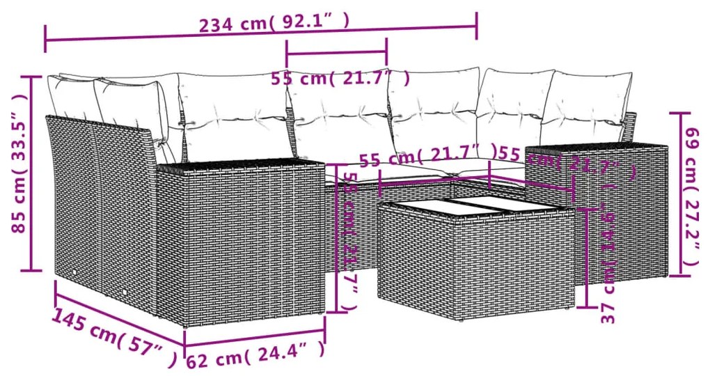 7 pcs conjunto de sofás p/ jardim com almofadões vime PE bege