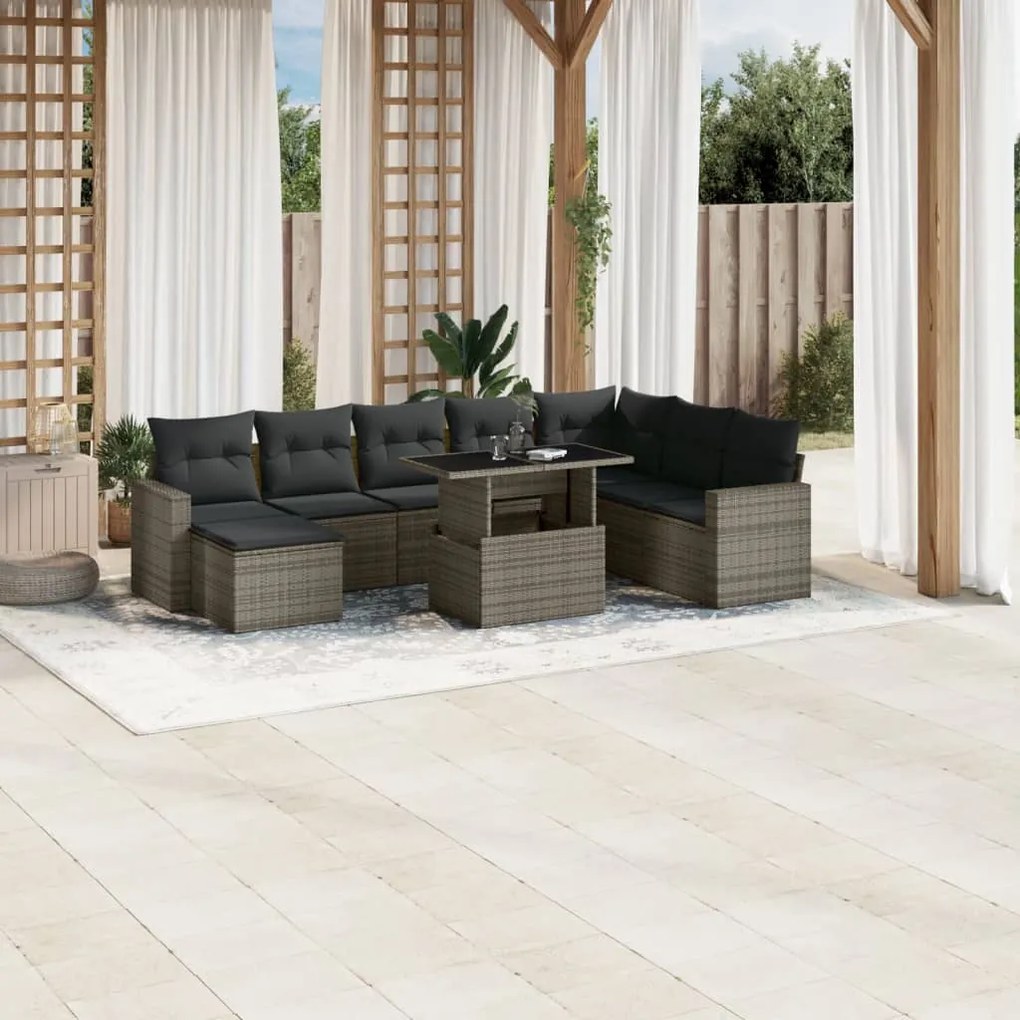 9 pcs conjunto sofás p/ jardim com almofadões vime PE cinzento
