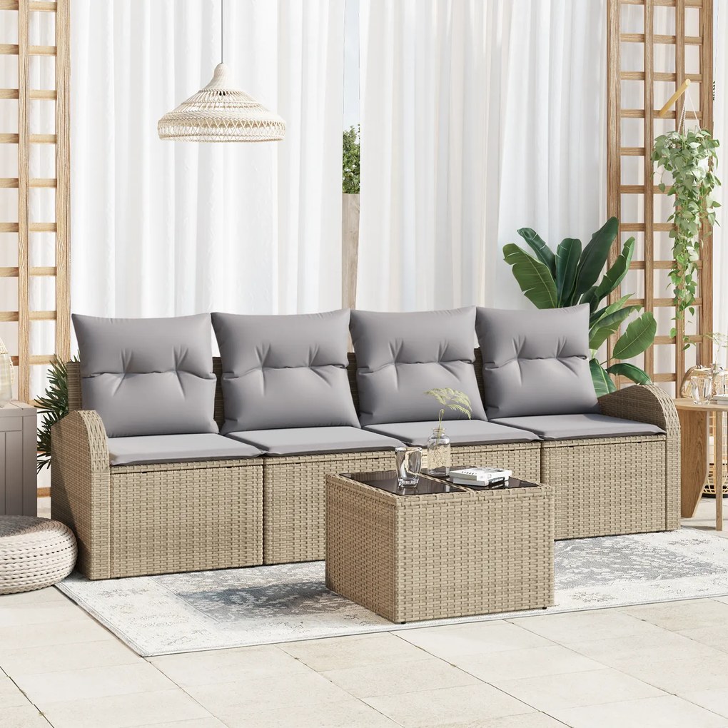 Conjunto de Sofá de Jardim vidaXL 5 Peças com Almofadas Bege de Vime P