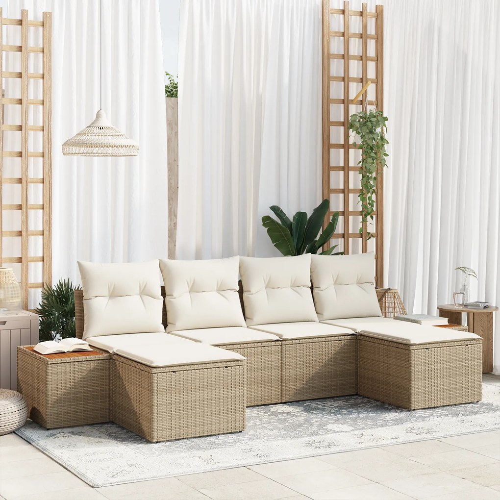 vidaXL Conjunto de Sofá de Jardim de 6 Peças com Almofadas Bege em Rattan Poliéster Acácia