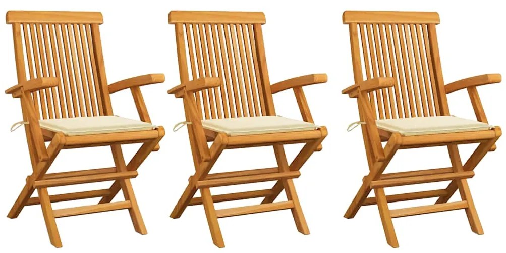 vidaXL Cadeiras de jardim c/ almofadões creme 3 pcs teca maciça