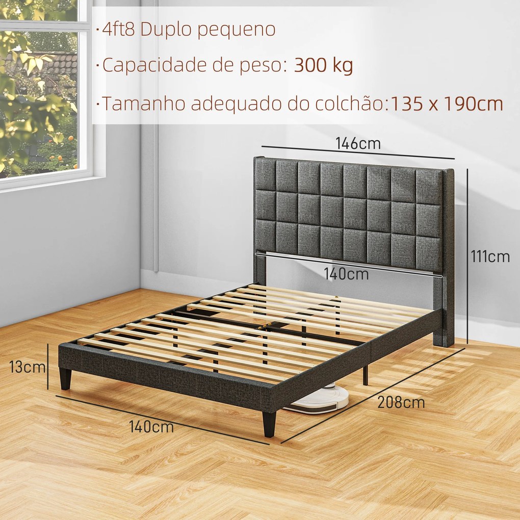 Estrutura de Cama 135x190 cm com Cabeceira Estofada em Linho e Espaço de Armazenamento Debaixo da Cama Cinza