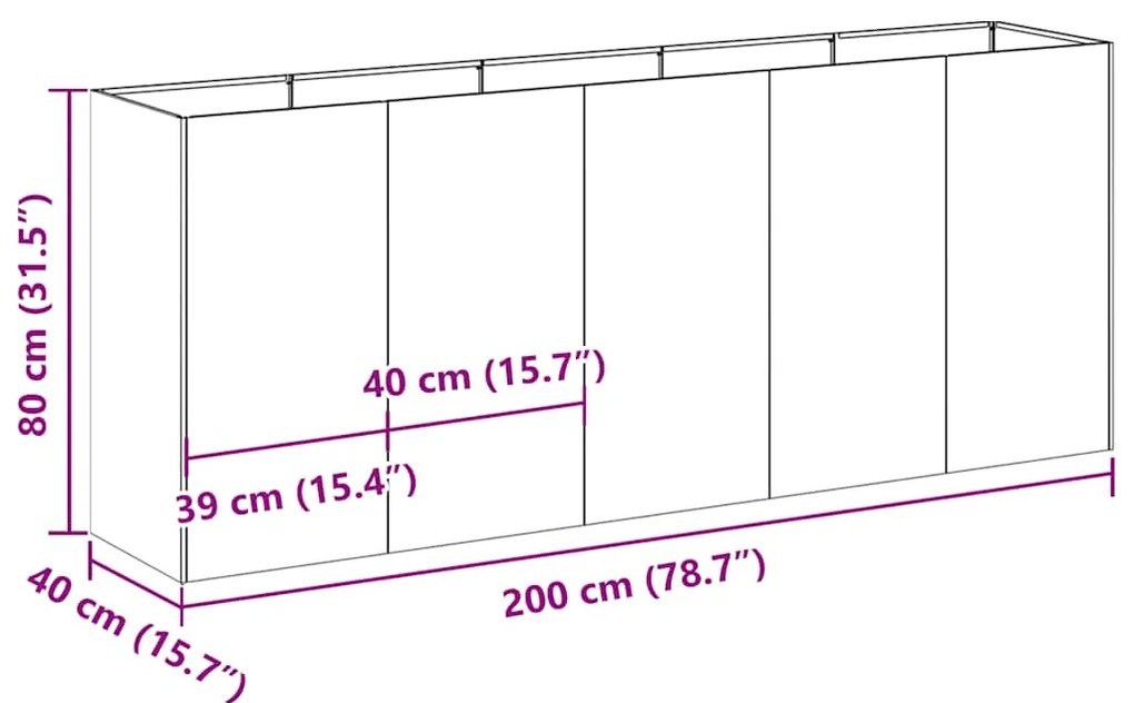 Vaso floreira 200x40x80 cm aço laminado a frio preto
