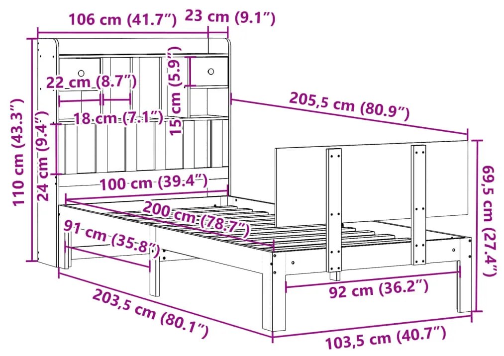 Cama com estante sem colchão 100x200 cm pinho maciço