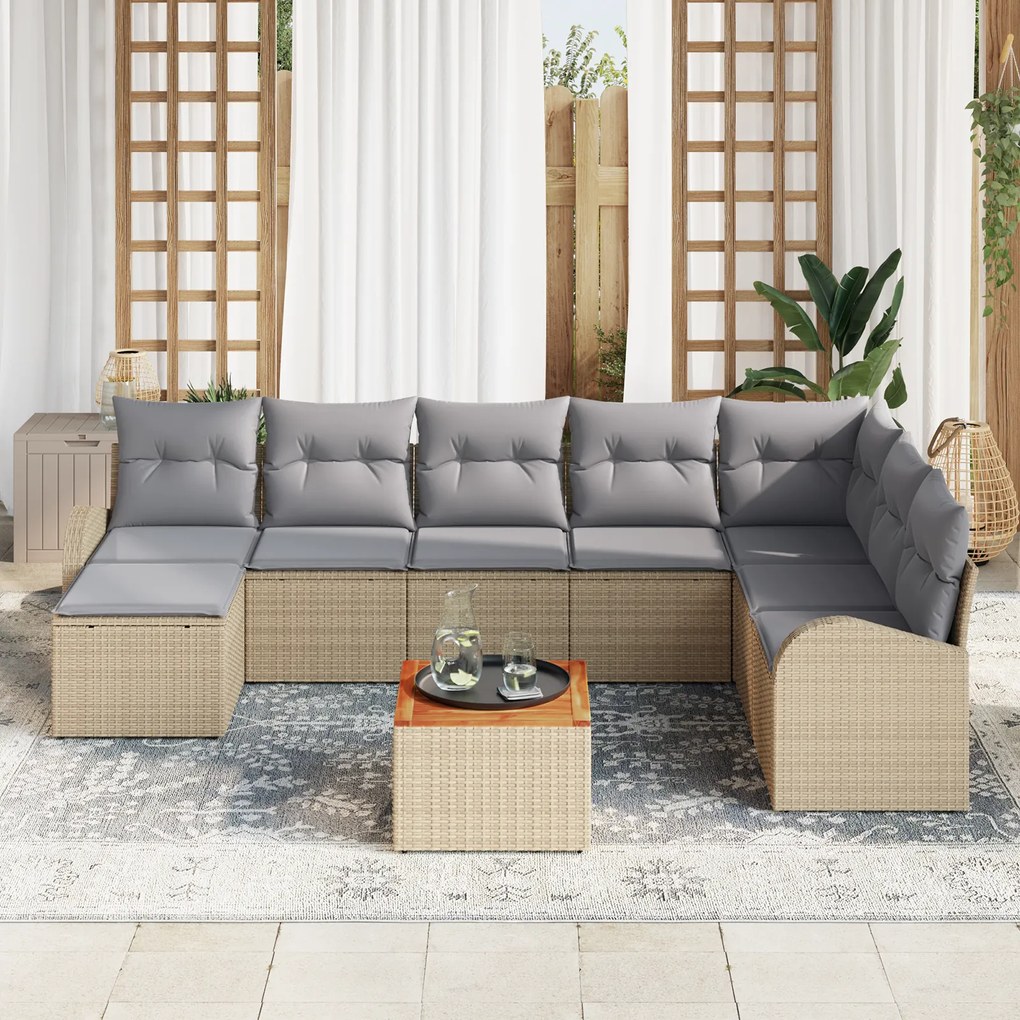 Conjunto de Sofá de Jardim vidaXL com Almofadas de 9 Peças Bege Vime P