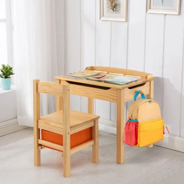 Conjunto de mesa e cadeira para crianças de estudo e brincar com gaveta de arrumação Natural