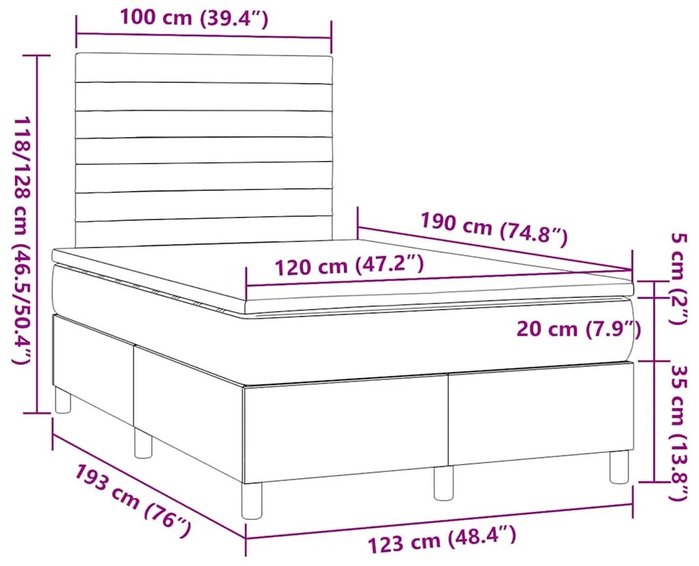 Cama box spring c/ colchão/LED 120x190cm tecido castanho-escuro