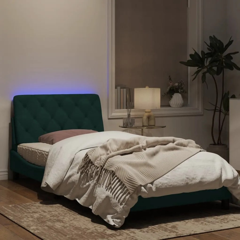 Estrutura de cama c/ luzes LED 100x200 cm veludo verde-escuro