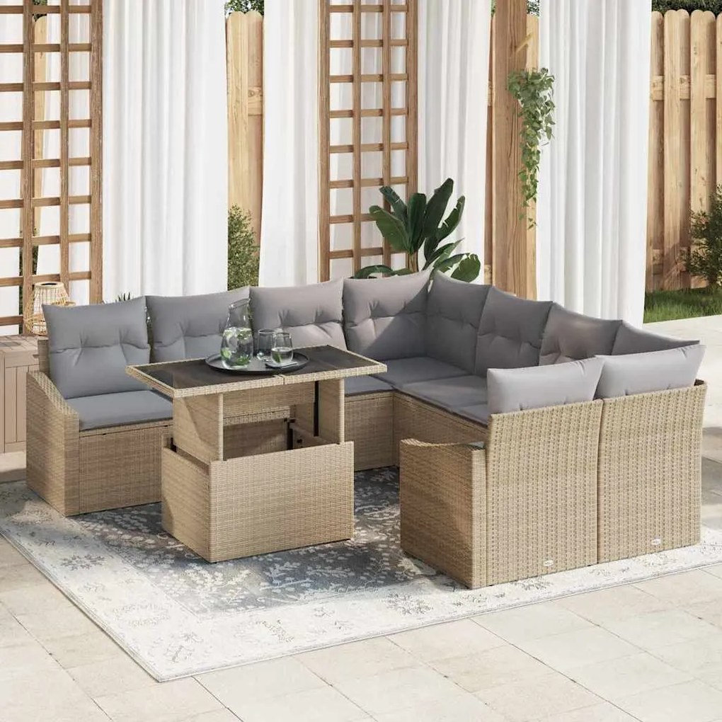 Conjunto de Sofá de Jardim 9 Peças com Almofadas Bege em Polyrattan